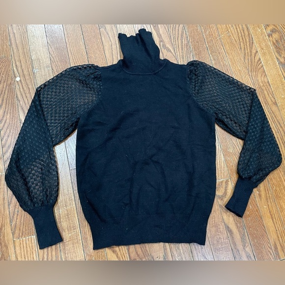 Marled Black Turtleneck Sweater with Sheer Sleeves - Picture 6 of 10